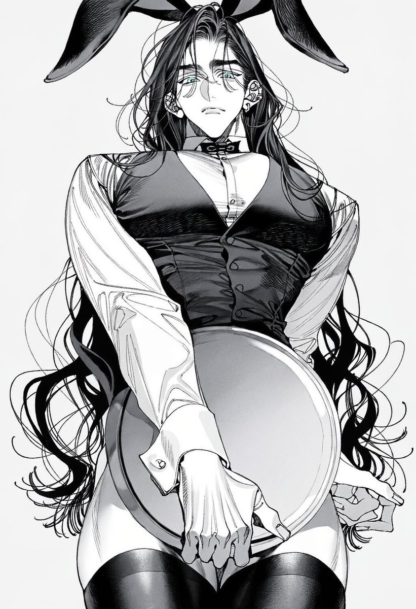 Un_jin_OAOa's tweet photo. 바니 웨이터 Prompt

bunny waiter outfit, tall black rabbit ears, white shirt collar, small black bow tie, fitted black vest, white wrist cuffs, black thigh-high stockings,  standing with a startled embarrassed expression, flushed cheeks, slightly tense posture,  holding a large round silver serving tray firmly with one hand, fingers visibly gripping the edge of the tray, arm lowered naturally in front of the body,  serving tray held vertically directly in front of the pelvis, completely covering the crotch and groin area from the camera, tray clearly supported by the character's hand,  other hand resting awkwardly near the hip,  long rabbit ears rising above the head, one ear slightly bent,  slightly low angle view, three quarter body composition, character filling most of the frame, tray and gripping hand clearly visible,  simple pale background,  playful embarrassing bunny waiter situation, cheeky comedic atmosphere,