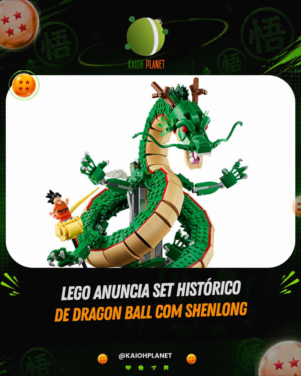 KaiohPlanet's tweet photo. Dragon Ball finalmente vai ganhar seu primeiro set oficial da LEGO!

O conjunto traz Shenlong, Goku e as sete Esferas do Dragão em uma construção de 1.764 peças para colecionadores. O lançamento acontece em outubro no exterior

🇧🇷 Ainda não há previsão para o Brasil. https://t.co/s29dIftAmb