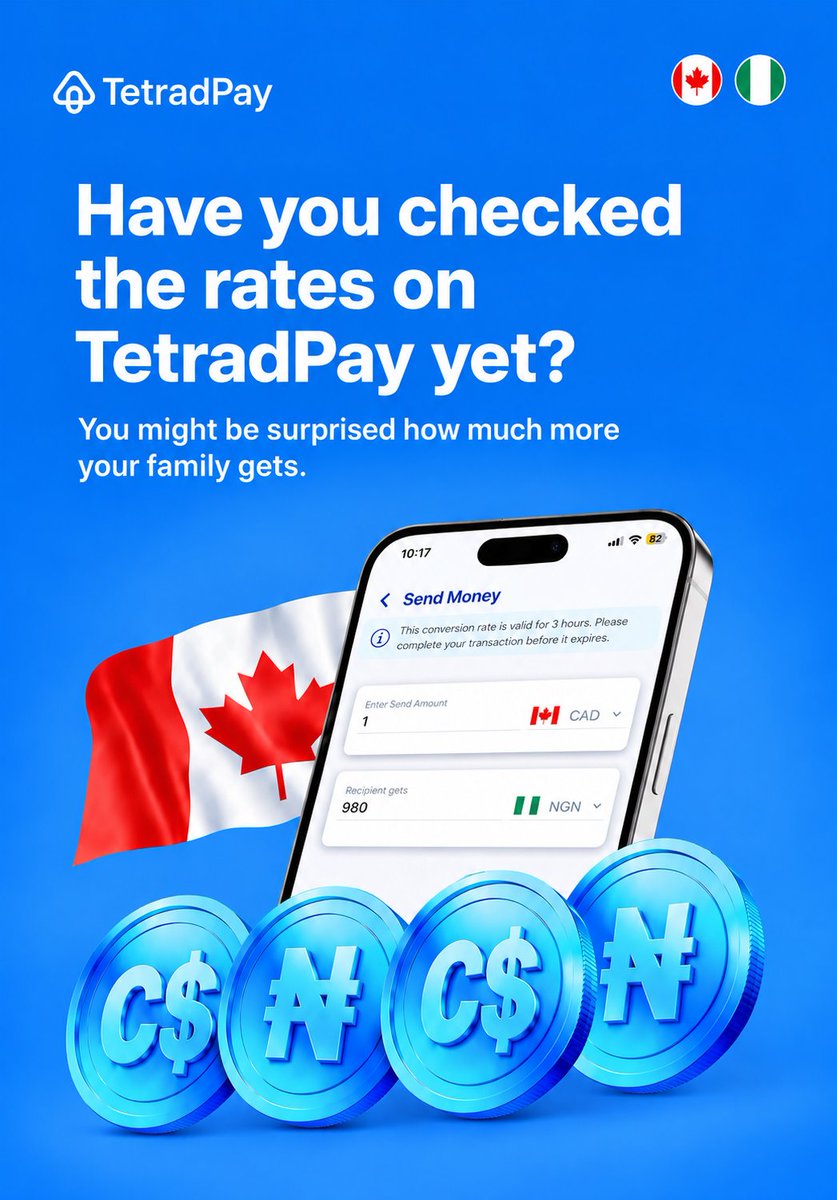 tetradpay's tweet photo. Your money should do more than just make the journey. πΈπ¨π¦β‘οΈπ³π¬
Before you hit Send, check the rate on TetradPay. π
Because when you send more value, your family gets more value. π
#TetradPay #SendSmarter #MoreForHome #CanadaToNigeria https://t.co/0SfLsXQRsw