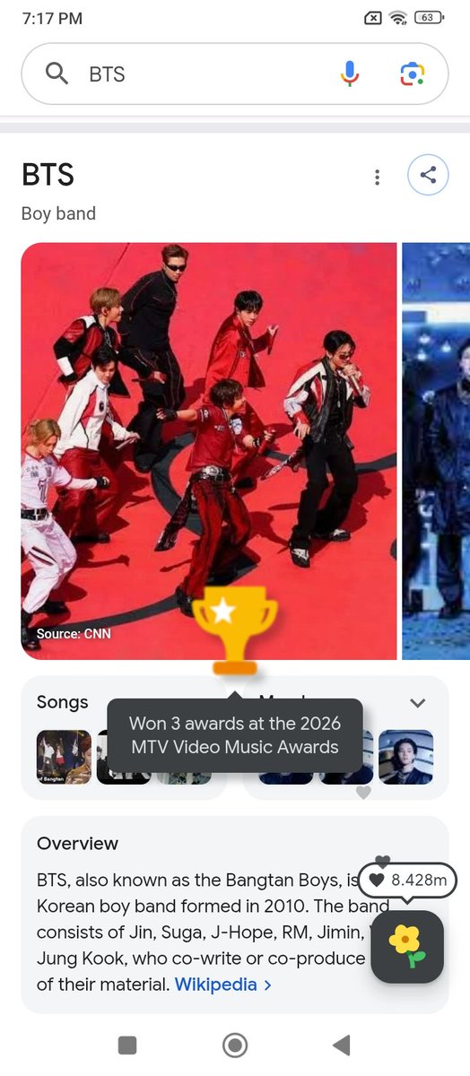 BTSWayAhead's tweet photo. when you search BTS on Google &amp; a trophy will show up adding "Won 3 Awards at the 2026 video Music Award" &amp; flowers as well.🫲🏻😭🫱🏻

I vote for #ARIASBTS at the 2026 ARIA Music Awards. https://t.co/7qSX2j6QHK