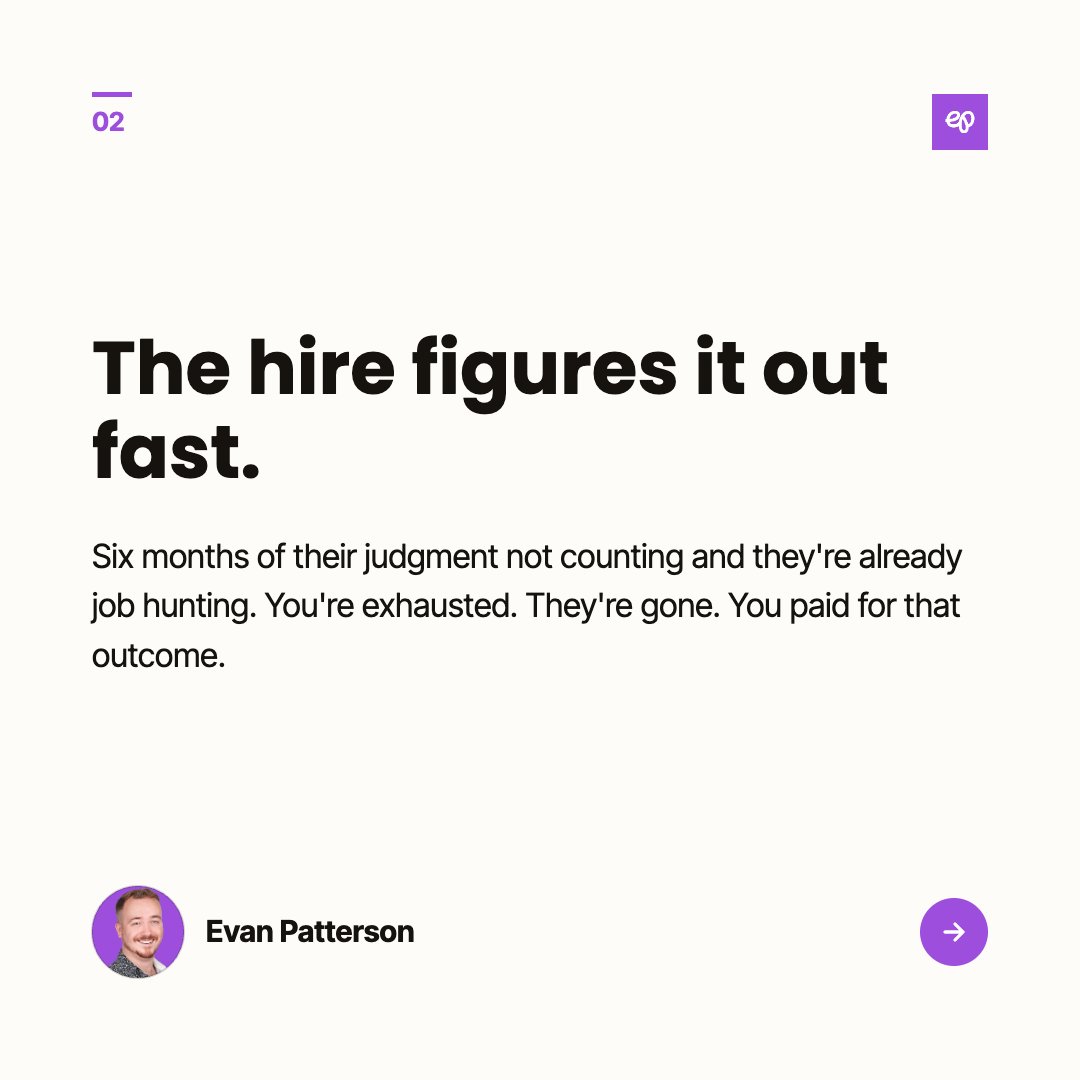 evanmpatterson's tweet photo. Hiring someone and then hovering is management theater.

You're paying for judgment you won't use. The hire learns their judgment doesn't count. Six months later you're exhausted and they're job hunting.

"Doing it yourself" stopped being a necessity and became a personality. https://t.co/n9bTNXbLYi