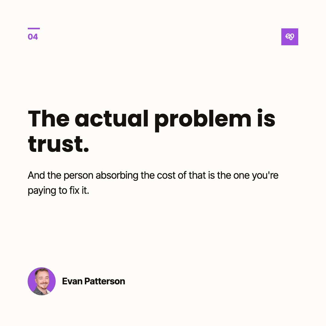 evanmpatterson's tweet photo. Hiring someone and then hovering is management theater.

You're paying for judgment you won't use. The hire learns their judgment doesn't count. Six months later you're exhausted and they're job hunting.

"Doing it yourself" stopped being a necessity and became a personality. https://t.co/n9bTNXbLYi