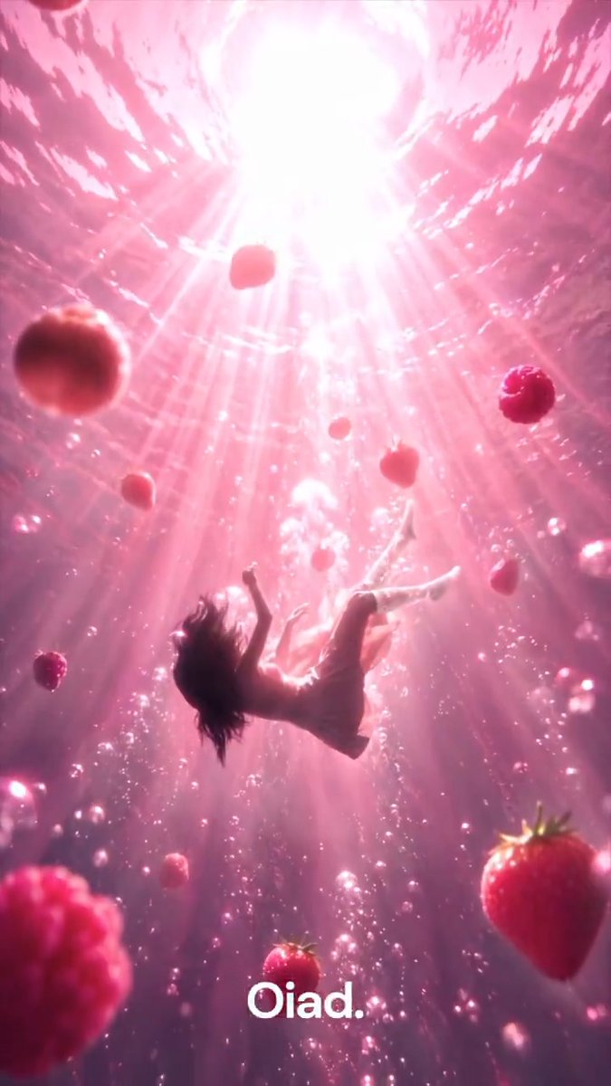 An artistic image of a girl floating underwater surrounded by raspberries and strawberries in pink-lit water, with the text 'Oiad.' at the bottom.