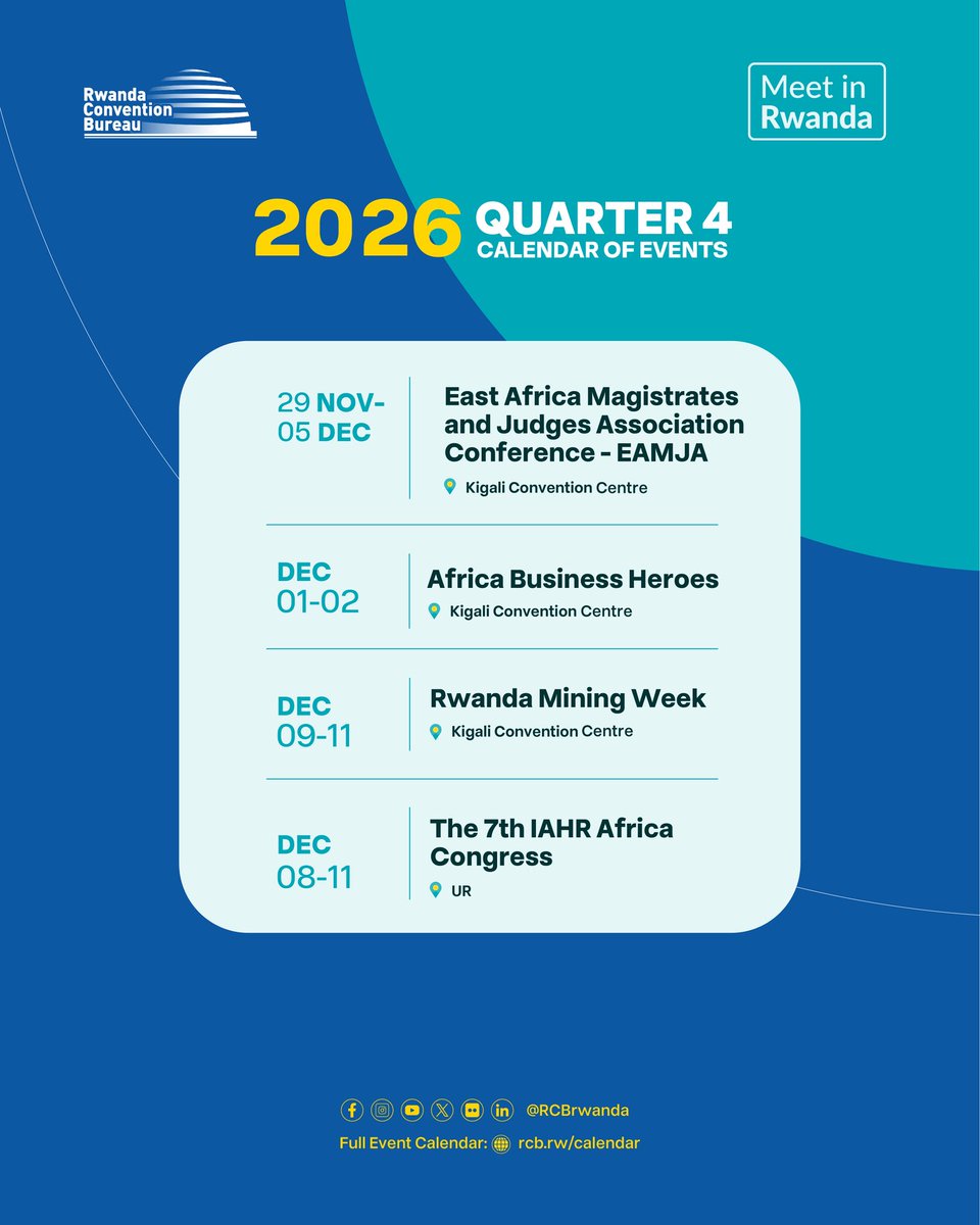 RCBrwanda's tweet photo. Rwanda is set for a busy and impactful final quarter of 2026. 

15+ major conferences and meetings are heading to Kigali, covering sectors including healthcare , fintech, insurance, solar energy, mining, and more. 

Check out the full event calendar and register to attend: https://t.co/Xy1t4SQiBG

#MeetInRwanda