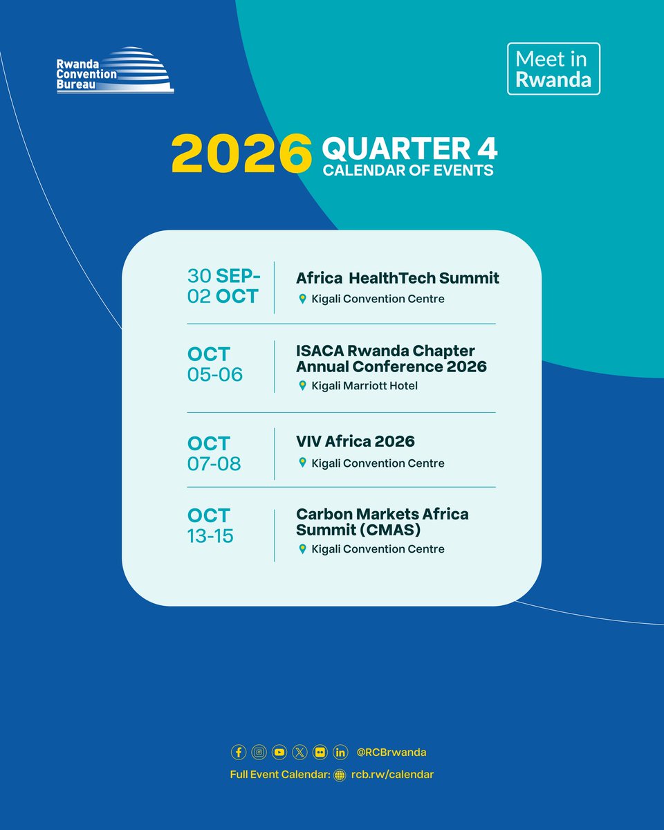 RCBrwanda's tweet photo. Rwanda is set for a busy and impactful final quarter of 2026. 

15+ major conferences and meetings are heading to Kigali, covering sectors including healthcare , fintech, insurance, solar energy, mining, and more. 

Check out the full event calendar and register to attend: https://t.co/Xy1t4SQiBG

#MeetInRwanda