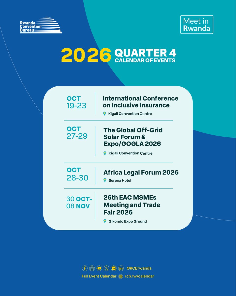 RCBrwanda's tweet photo. Rwanda is set for a busy and impactful final quarter of 2026. 

15+ major conferences and meetings are heading to Kigali, covering sectors including healthcare , fintech, insurance, solar energy, mining, and more. 

Check out the full event calendar and register to attend: https://t.co/Xy1t4SQiBG

#MeetInRwanda