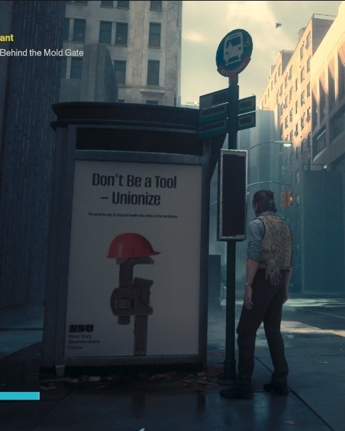 OmerErskin's tweet photo. U can tell Resonant takes place in a warped and surreal rendition of NYC bc there are pro-union ads https://t.co/BV3I6TsGxd
