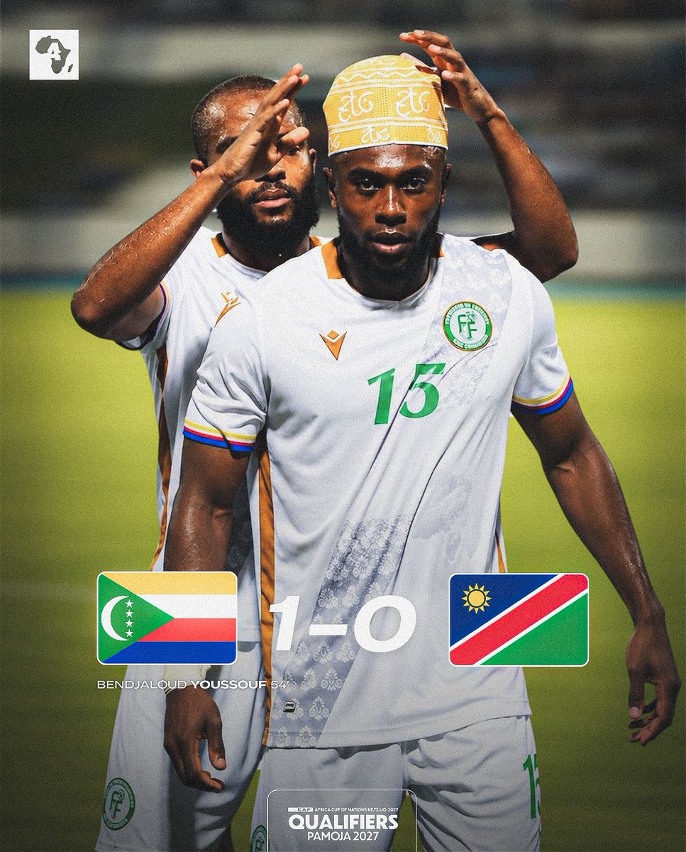ActuFootAfrique's tweet photo. 🚨 Les Comores 🇰🇲 𝑩𝑨𝑻𝑻𝑬𝑵𝑻 la Namibie 🇳🇦 (1-0) et se lancent dans ses qualifications ! 🔥🙌🏿 https://t.co/wRTbfhDAd7