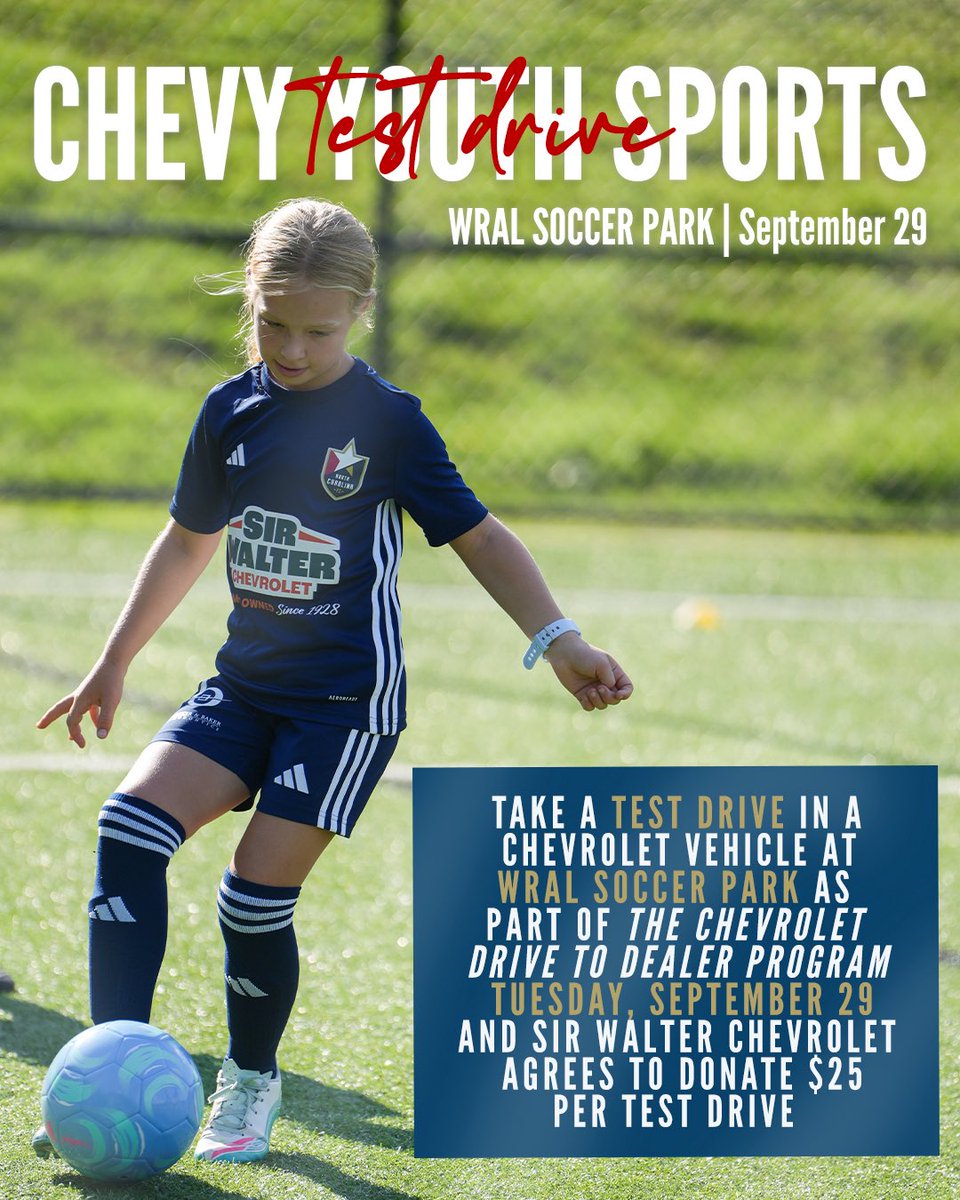 NCFC_Youth's tweet photo. Training at WRAL Soccer Park today? Stop by and test drive a Chevrolet! 🚗

As part of the Chevrolet Drive to Dealer program, @sirwalter_chevy will donate $25 to the NCFC Youth Financial Aid Fund for every test drive.

Your test drive helps provide more opportunities for players and families to get in the game.

📍 WRAL Soccer Park
📅 Tuesday, September 29 during training 

Stop by, take a test drive, and support NCFC Youth!
