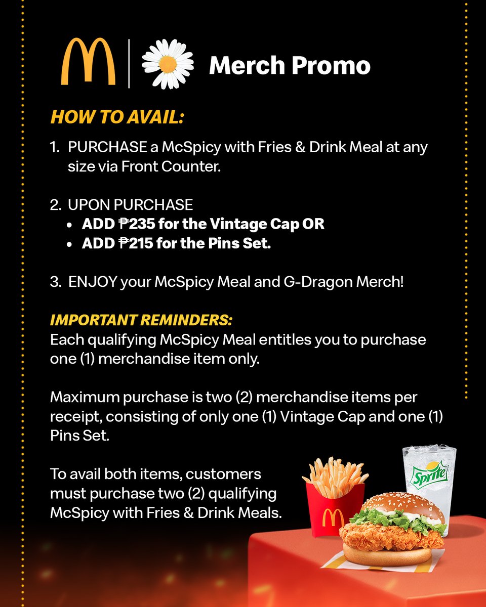 McDo_PH's tweet photo. McDonald's X PEACEMINUSONE Limited Edition Merchandise
💛 Vintage Cap
💛 Pin Set

Available on October 4th (Sunday), 2PM-6PM.
Meet us at McDonald's!

#McDonalds #맥도날드 #굿즈 #peaceminusone #PMO https://t.co/7CYBlKomh6
