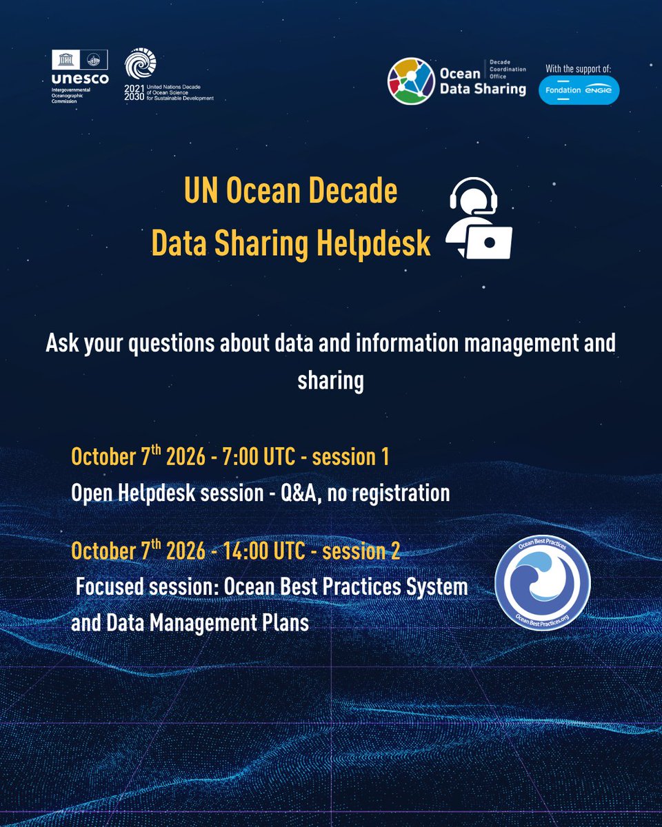 UNOceanDecade's tweet photo. 🗓️ This month's #OceanDecade Coordination Office for Ocean Data Sharing Helpdesk includes:
• How the Ocean Best Practices System can support your work, with Patricia Cabrera (@IocUnesco)
• The role of Data Management Plans in #OceanData management
🔗 https://t.co/O3Hb53RJRq https://t.co/HDIPGsMRmo