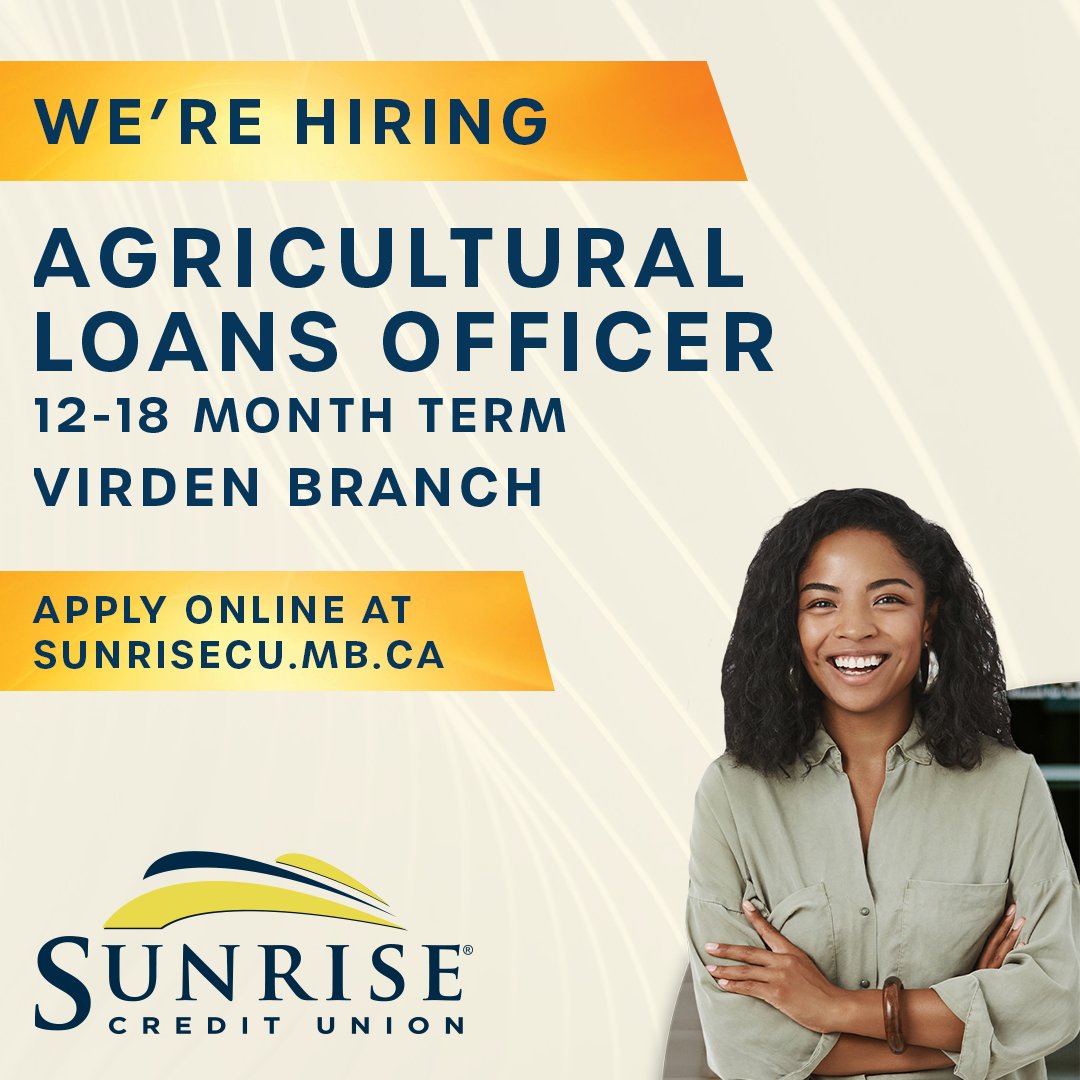 SunriseCU's tweet photo. 🌾 We're looking for an Agricultural Loans Officer Trainee to join our team and help support the growth and success of local farmers and agribusinesses.

Apply by: October 13, 2026.

📍 Apply today https://t.co/yHSeQsUY5z https://t.co/DExjB5SnuE