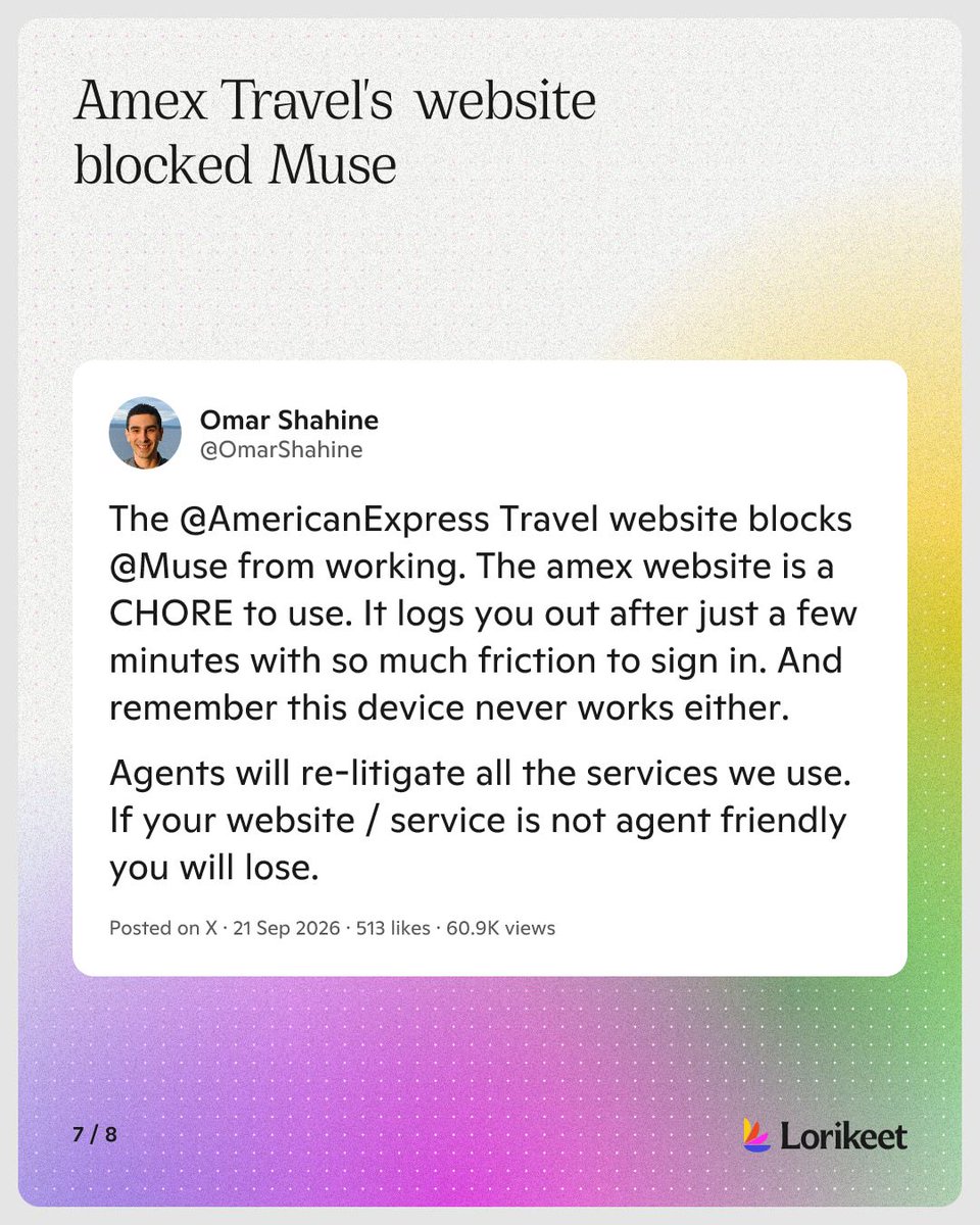 Lorikeetai's tweet photo. @cryptopunk7213 @mvanhorn @JasonL_Capital Some businesses turn them away. Delta, OpenTable, Amazon and Amex Travel blocked these agents.

From @_CallMeMacy @freemanjiangg @OmarShahine https://t.co/jGnHlN0Dq5