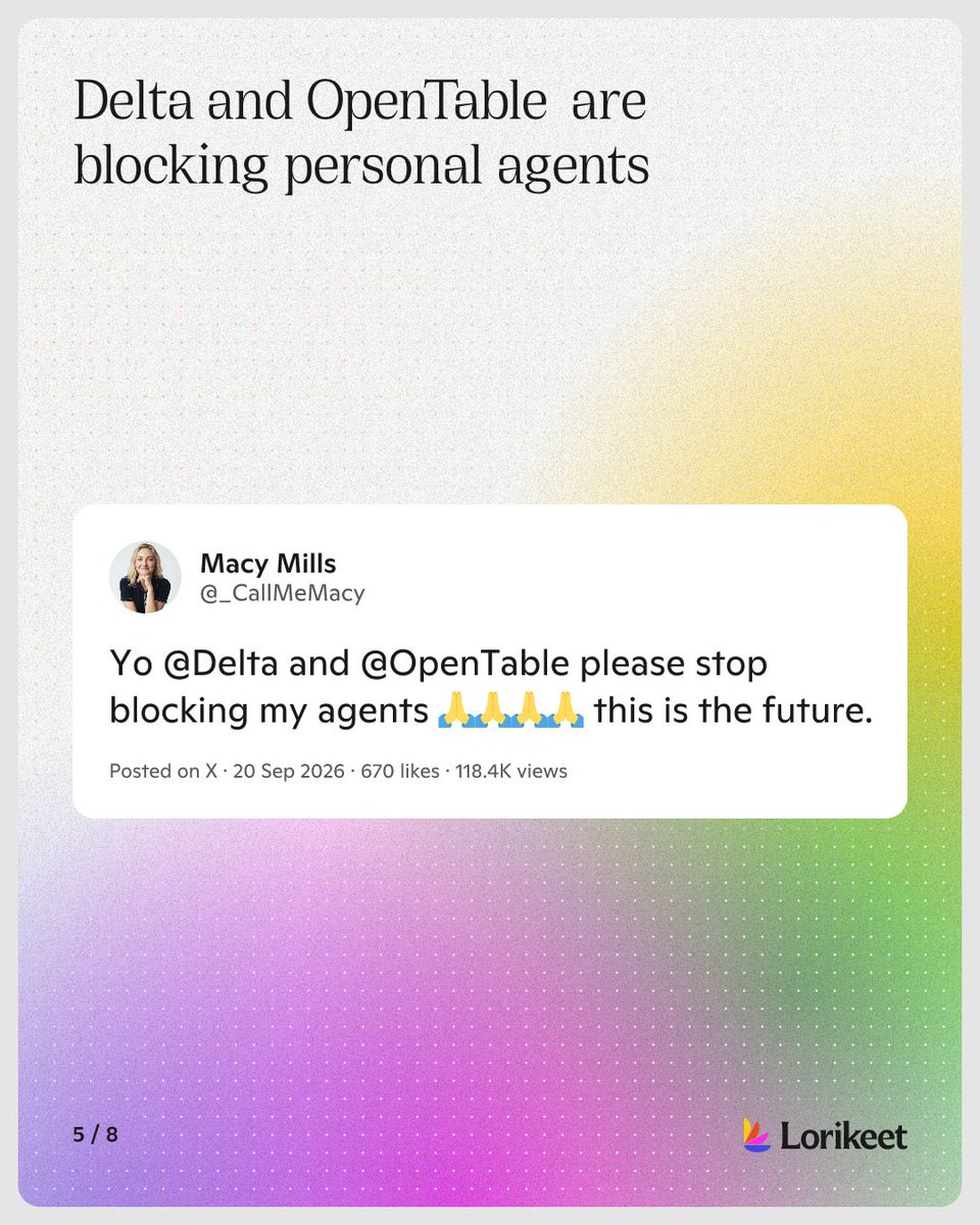 Lorikeetai's tweet photo. @cryptopunk7213 @mvanhorn @JasonL_Capital Some businesses turn them away. Delta, OpenTable, Amazon and Amex Travel blocked these agents.

From @_CallMeMacy @freemanjiangg @OmarShahine https://t.co/jGnHlN0Dq5