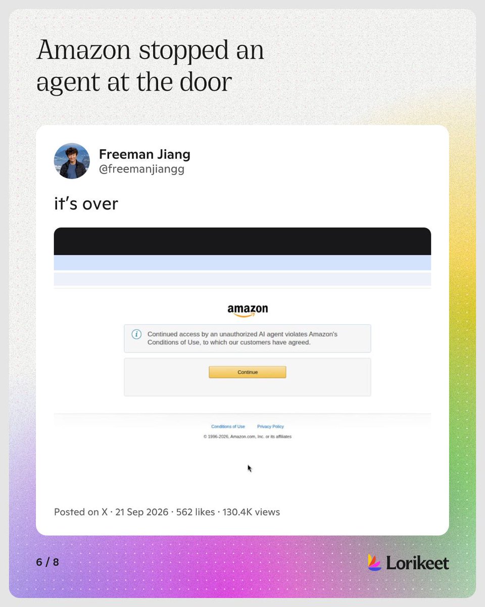 Lorikeetai's tweet photo. @cryptopunk7213 @mvanhorn @JasonL_Capital Some businesses turn them away. Delta, OpenTable, Amazon and Amex Travel blocked these agents.

From @_CallMeMacy @freemanjiangg @OmarShahine https://t.co/jGnHlN0Dq5
