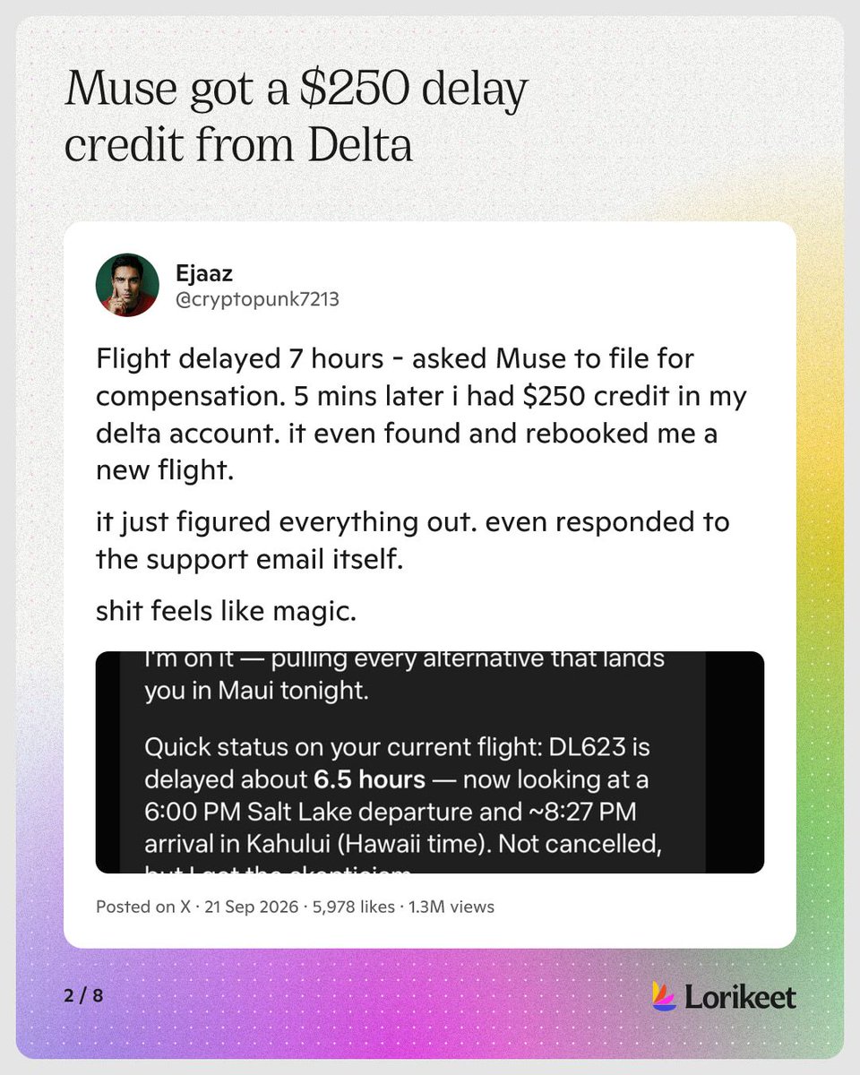 Lorikeetai's tweet photo. A personal agent filed a delay claim with Delta and got its owner a $250 credit in 5 minutes.

Six posts from last week about personal agents dealing with businesses. From @cryptopunk7213 @mvanhorn @JasonL_Capital https://t.co/OwoGDa7YKN