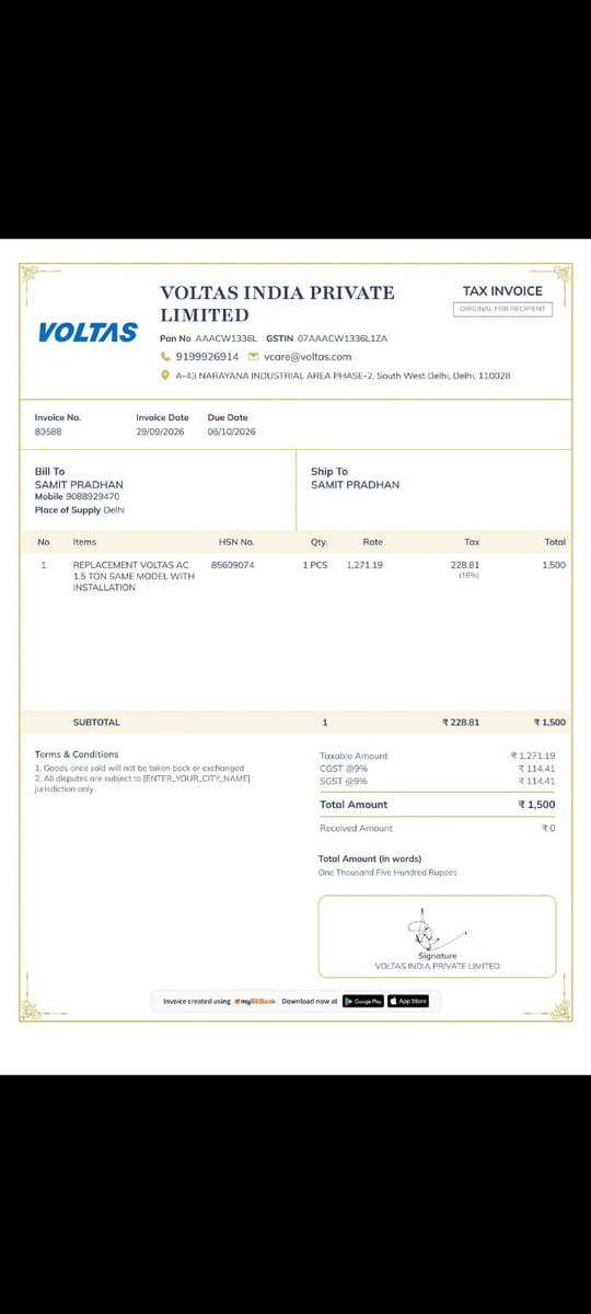 AgribizSamit's tweet photo. @myvoltas Some people are scamming people in the name of Voltas after Sale service, using the Fake bills " Voltas India Pvt Ltd". Kindly look into the matter along with my original issue https://t.co/qLhkhjFxJk