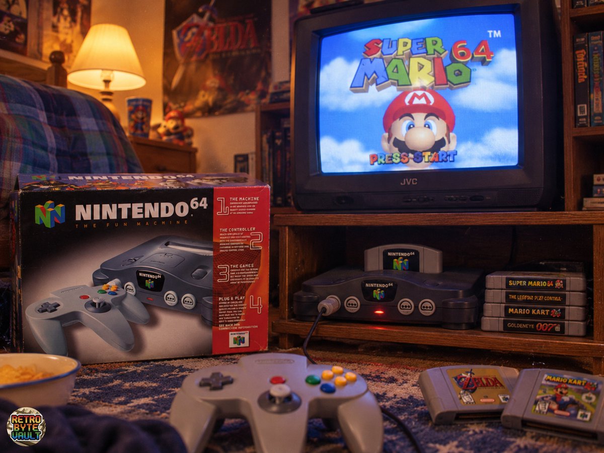 RetroByteVault's tweet photo. The Nintendo 64 officially launched in the U.S. 30 years ago today.

September 29, 1996.

The three-pronged controller, blowing into cartridges even though we weren’t supposed to, and seeing Super Mario 64 running on a TV for the first time.

For a kid in 1996, this thing felt like the future.