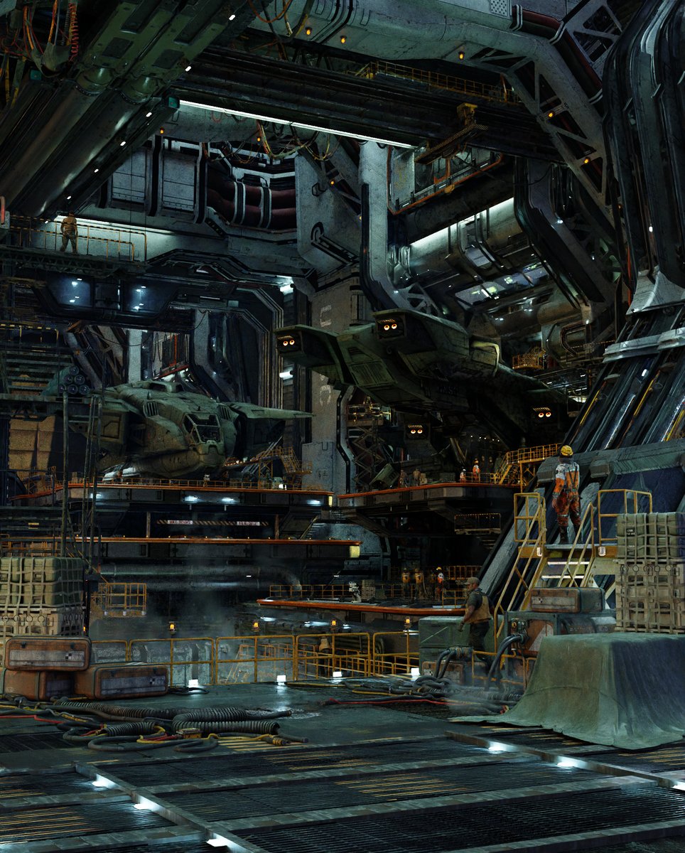 kitbash3d's tweet photo. Nothing in this Halo-inspired hangar built by @Hartwell_Design is here by accident.

Pelicans, flight crews, crates, and platforms give the space a sense of scale and constant activity.

💡 For large scenes, use your biggest asset to establish scale, then layer in smaller props. https://t.co/10kYS8isya