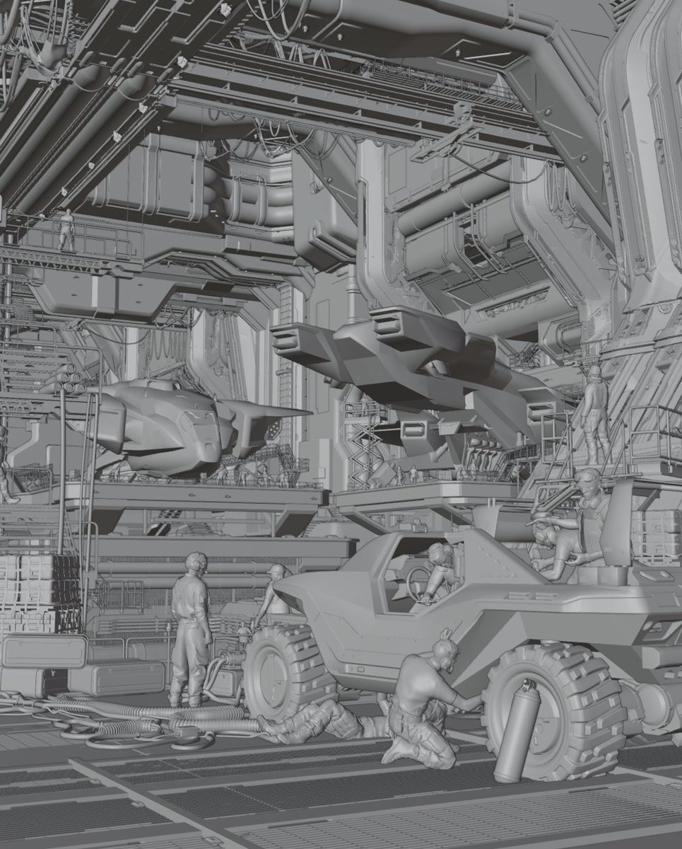 kitbash3d's tweet photo. Nothing in this Halo-inspired hangar built by @Hartwell_Design is here by accident.

Pelicans, flight crews, crates, and platforms give the space a sense of scale and constant activity.

💡 For large scenes, use your biggest asset to establish scale, then layer in smaller props. https://t.co/10kYS8isya
