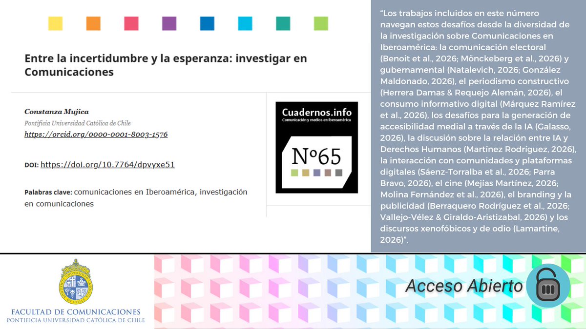CuadernosInfo's tweet photo. ¡Nuevo número!🙌
Tenemos el agrado de informar que hemos publicado el N° 65 de https://t.co/e5xmKFaq08 con 15 temas generales.
Los invitamos a leerlo comenzando por la editorial "Entre la incertidumbre y la esperanza: investigar en Comunicaciones" 👉https://t.co/BYaEtEHYCM https://t.co/4B8oDUrd9U