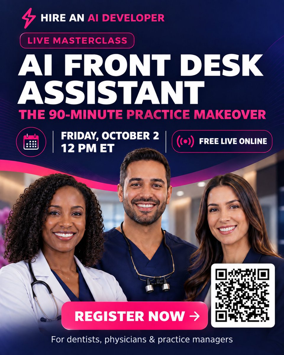 sashasmithai's tweet photo. Join us for **AI Front Desk Assistant: The 90-Minute Practice Makeover**

We’ll show how AI can support calls, confirmations, follow-ups, and reactivation while your team stays focused on the people they care for.

#AIFrontDesk #AIForHealthcare #AI https://t.co/5ork7ArLHy