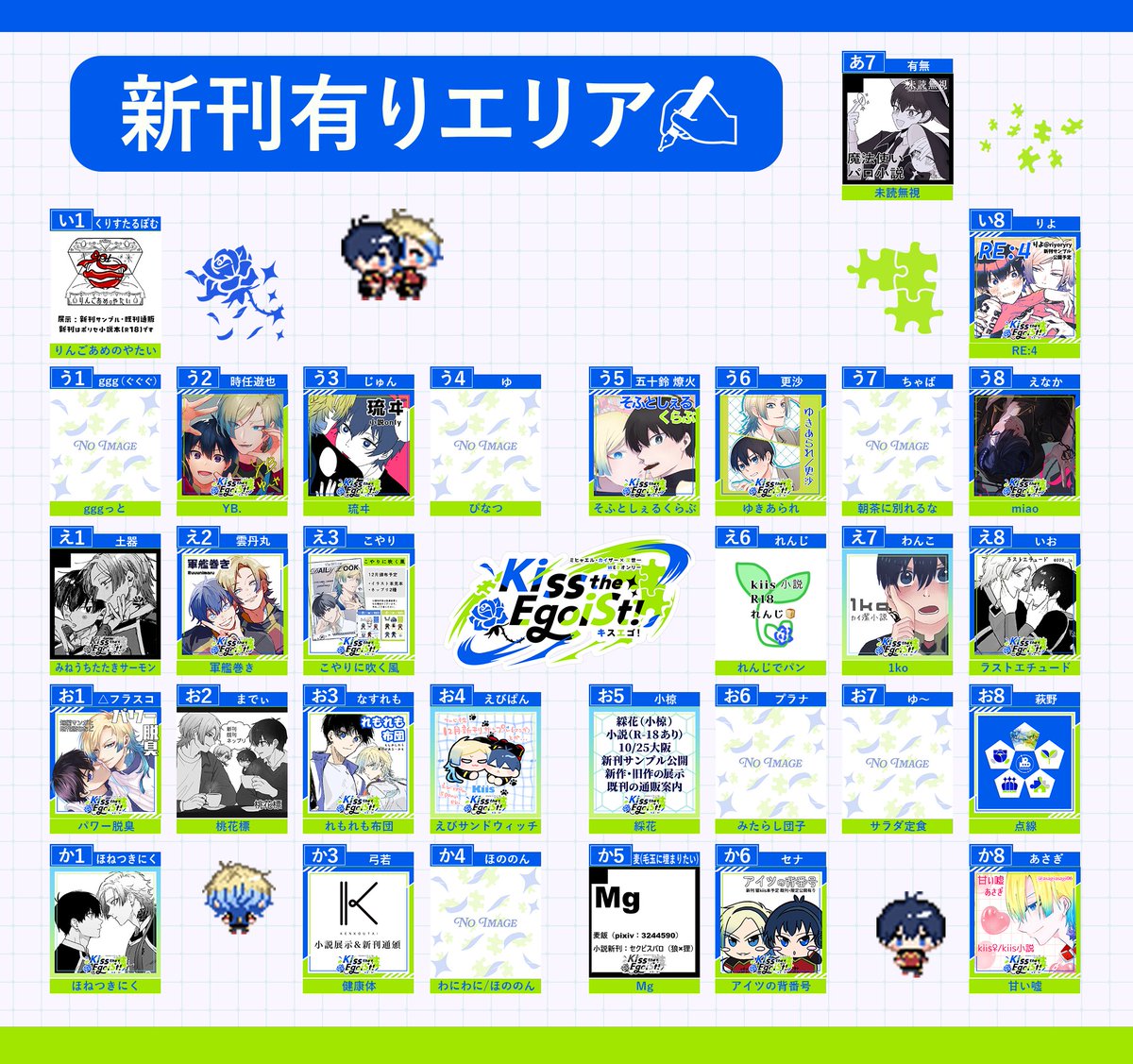 KissEgo1011's tweet photo. 【サークル配置図のお知らせ(再投稿)】
kiis webオンリー「Kiss the Egoist！」のサークル配置図を公開いたします！
全年齢エリア／R18エリア／新刊有りエリアの3枚です。
(先程の投稿から一部修正させていただきました)

当日の巡回や、気になるサークルさんのチェックにご活用くだされば幸いです🌹🧩

10/11(日) 10:00 ～ 10/13(火) 09:50
会場：pictSQUARE

※9/24までに申し込んでいただいた方を反映しており、追加申し込み反映分は来週目途に改めて投稿させていただきます

#きすえご運営