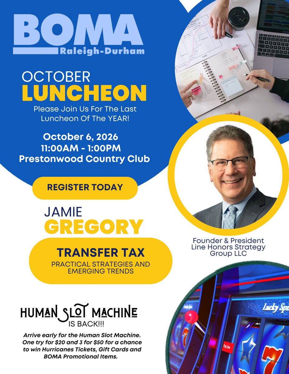BOMA_rdu's tweet photo. Join us for the BOMA Raleigh-Durham October Luncheon, our final luncheon of the year!  

📅 Tuesday, October 6, 2026  
Jamie Gregory, Founder &amp; President of Line Honors Strategy Group LLC   
👉https://t.co/TlnGAxxNdn

#BOMA #CRE #BOMALUNCHEONS https://t.co/HIsL91kUBd