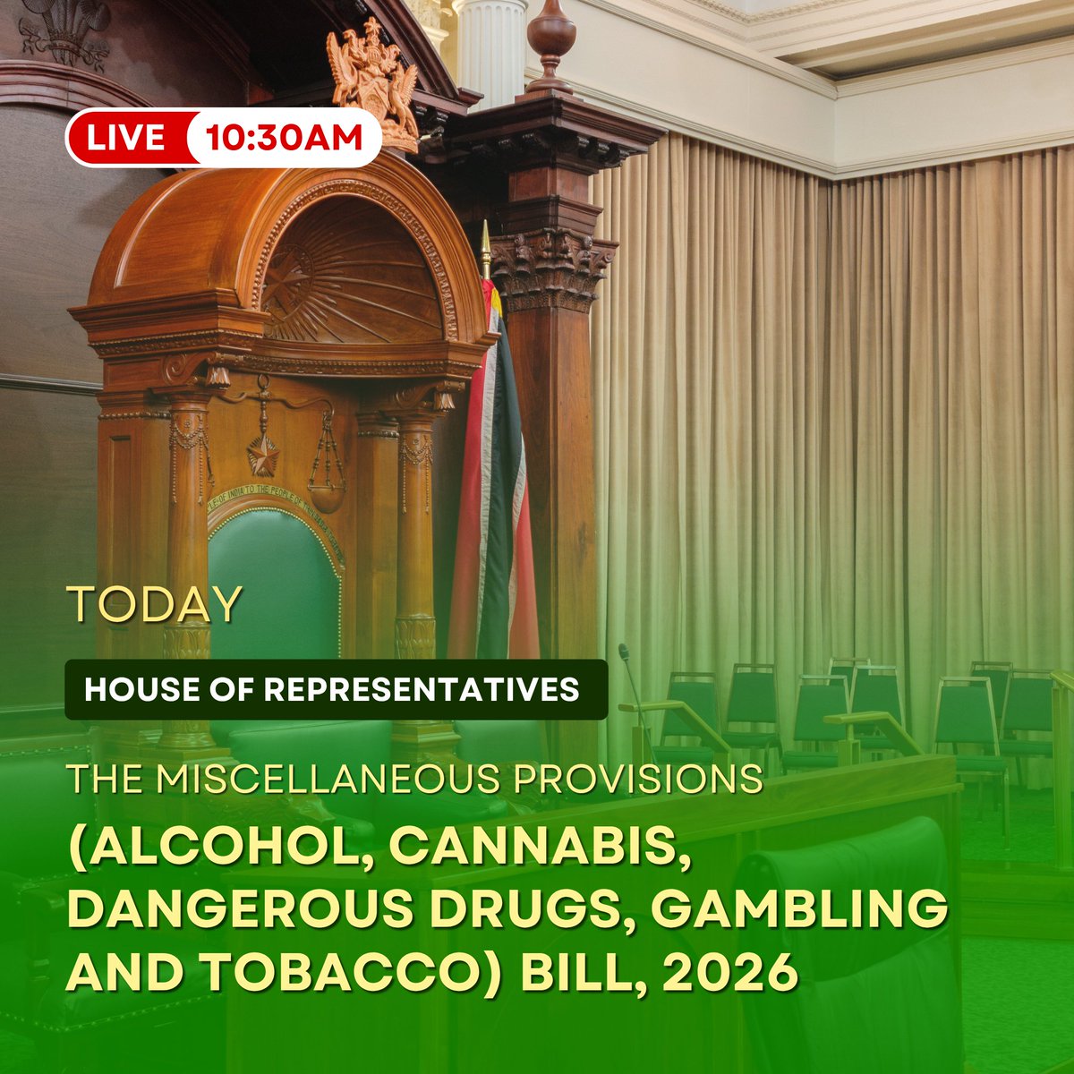 TTParliament's tweet photo. 🚬Be viewing the Parliament Channel or ParlView TODAY at 10:30am as members debate the Miscellaneous Provisions (Alcohol, Cannabis, Dangerous Drugs, Gambling and Tobacco) Bill, 2026.

🎥Don't miss it!
https://t.co/DJ5sici3cn

#TTParliamentHOR #Alcohol #Cannabis #Gambling #Tobacco https://t.co/mSyOUk7GhF