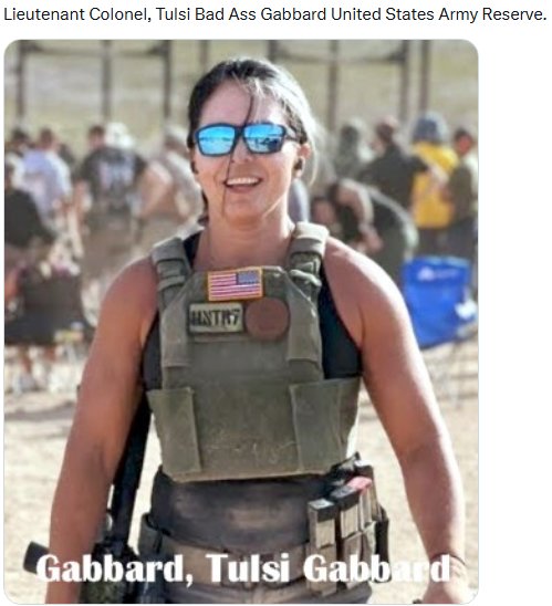 SFBOYS08's tweet photo. She was like col in us army reserve  
Respect 
@TulsiGabbard https://t.co/AhRrXqg24D
