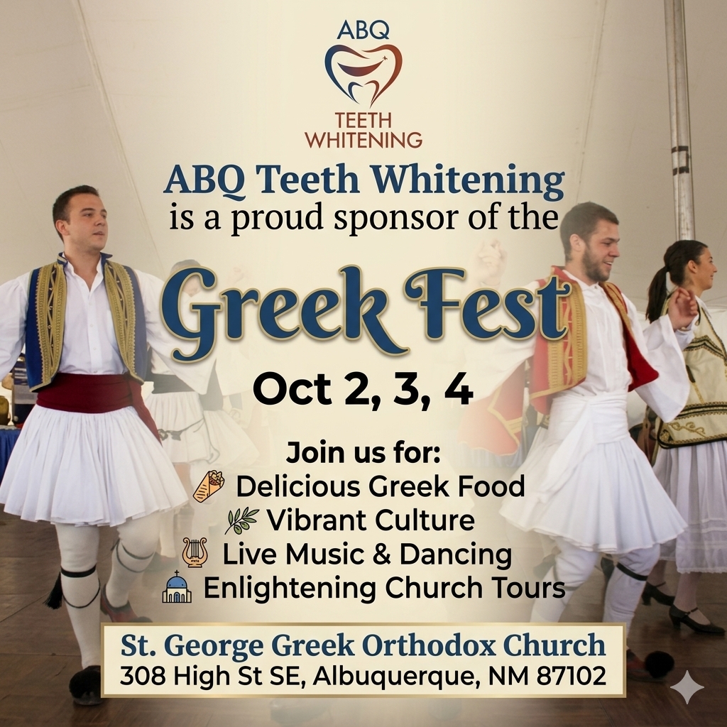 AbqTeethWhite's tweet photo. ABQ Teeth Whitening are proud sponsors of the 2026 ABQ Greek Fest!

📅 October 2, 3, 4
📍 308 High St SE, Albuquerque, NM 87102
🎟 Get your tickets now: https://t.co/M54EXEUyHC

Join us for food, dancing, music, culture, Church tours, and fun!

#greekfestival #greekfoodlovers https://t.co/B64uPkmmmc