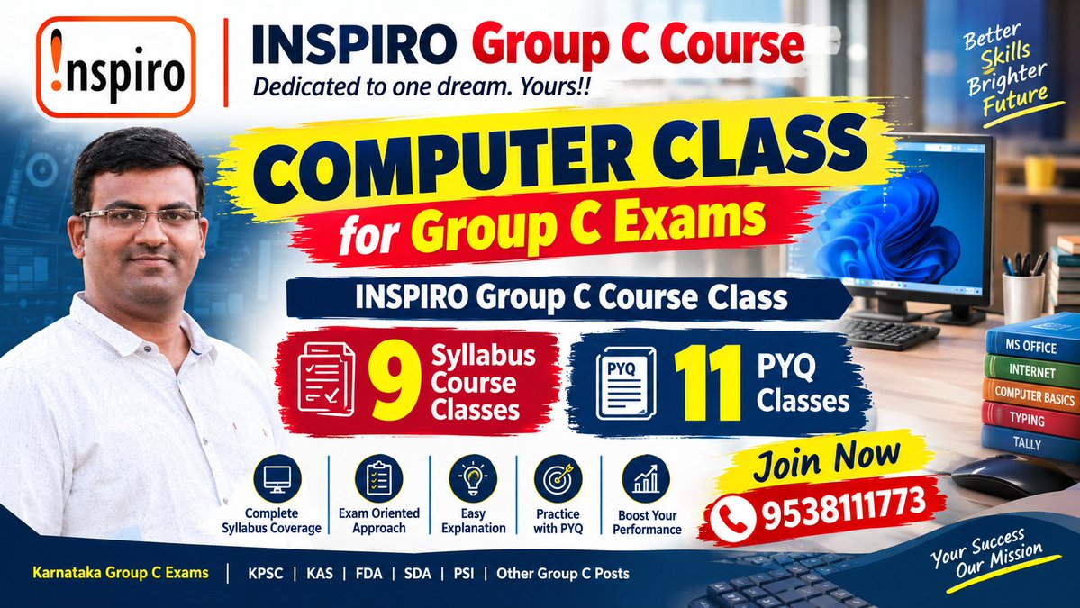 InspiroIASKAS's tweet photo. Computer Class for Group C Exams | 9 Syllabus Classes + 11 PYQ Classes | INSPIRO Group C Course
#INSPIRO #InspiroGroupC #GroupCExams #GroupCPreparation #KPSC #KPSCGroupC #KPSC2026 #KarnatakaGroupC #ComputerClass #ComputerAwareness #ComputerPreparation #ComputerCourse #PYQ https://t.co/i4MIMnjR2R