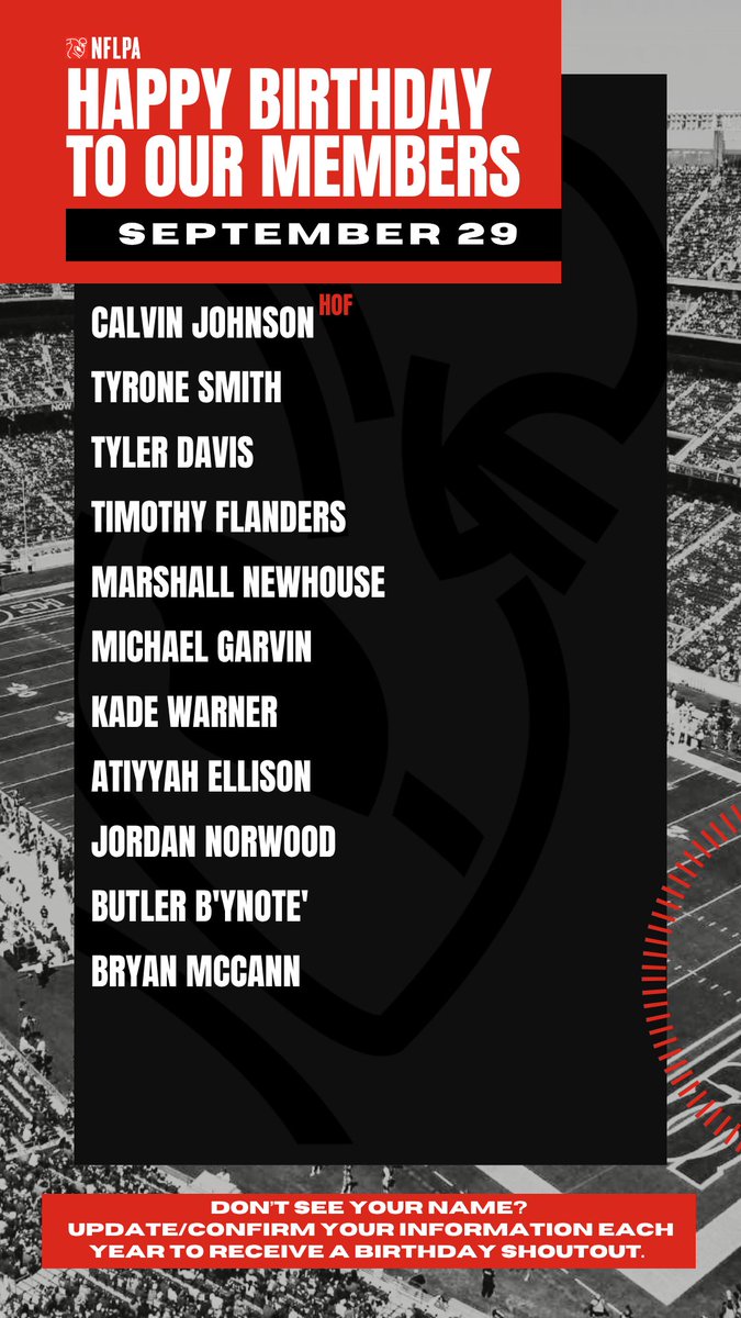 NFLPAFmrPlayers's tweet photo. Happy Birthday, enjoy your day! 
@tyrone24 @Tyler_Davis94 @TFlanders405 @MNewhouse73 @MichaelRGarvin @KadeWarner @Journeymanball @jordanorwood @bmac929 @calvinjohnsonjr https://t.co/HaFUA1Kob1