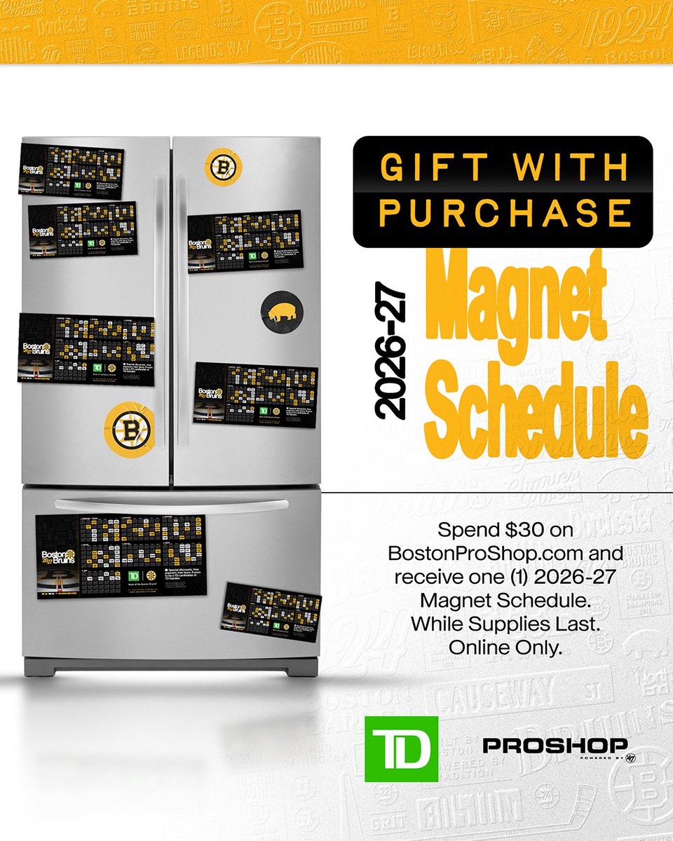 BostonProShop's tweet photo. Opening Night presented by TD is HERE! Get a FREE Bruins Magnet Schedule with $30+ purchase on https://t.co/I05EpcFrp9 😎 https://t.co/GgT9kL7R7m