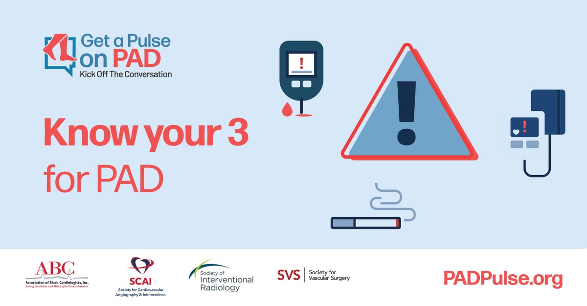 SIRspecialists's tweet photo. 8 in 10 Americans at highest risk for the most common vascular disease don’t believe they are. When it comes to the leading risk factors for PAD, know your 3 for PAD: diabetes, high blood pressure and tobacco use. #PulseonPAD #PADAwarenessMonth Visit https://t.co/KvQZ1jkEIo https://t.co/ZplefMRhmU