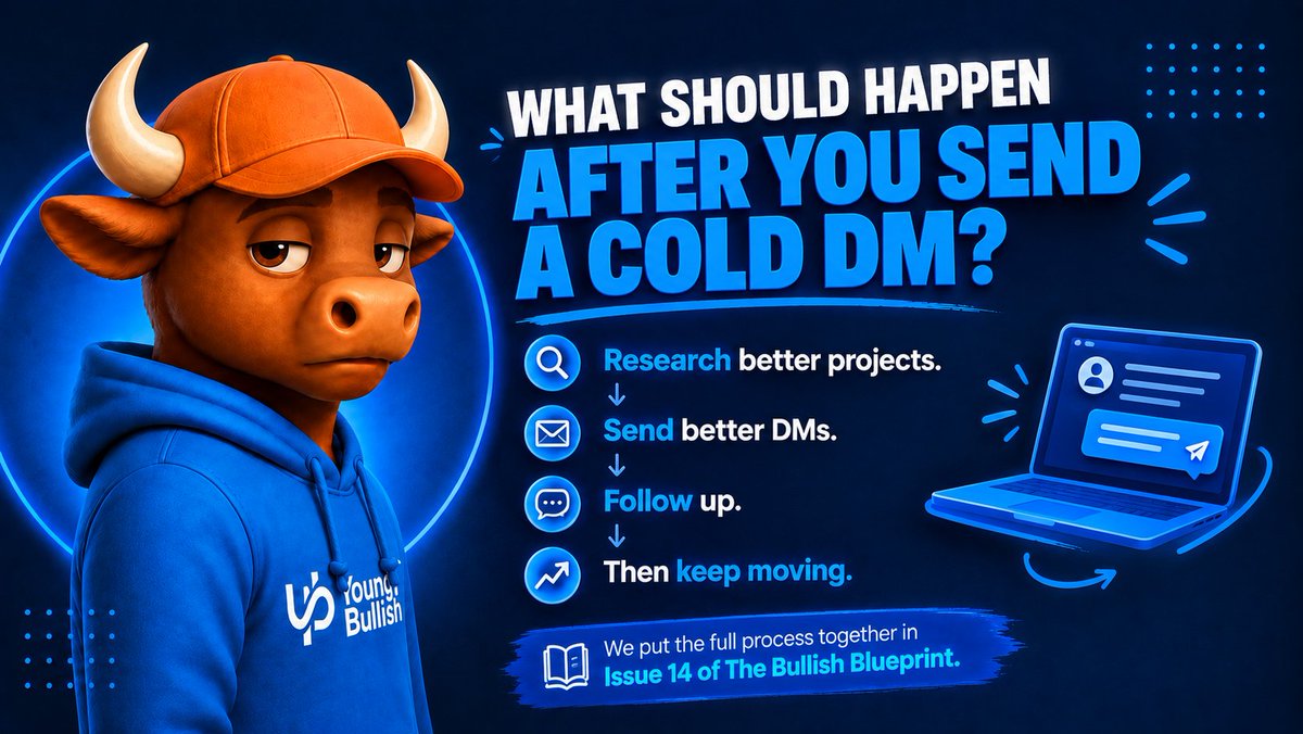 _yabmedia's tweet photo. What should happen after you send a cold DM?

Not much, sometimes.

They might not reply.

That's why your strategy can't depend on one message getting you hired.

Research better projects.

Send better DMs.

Follow up.

Then keep moving.

We put the full process together in Issue 14 of The Bullish Blueprint.

Yet to get a go at it?

Read the full issue ↓