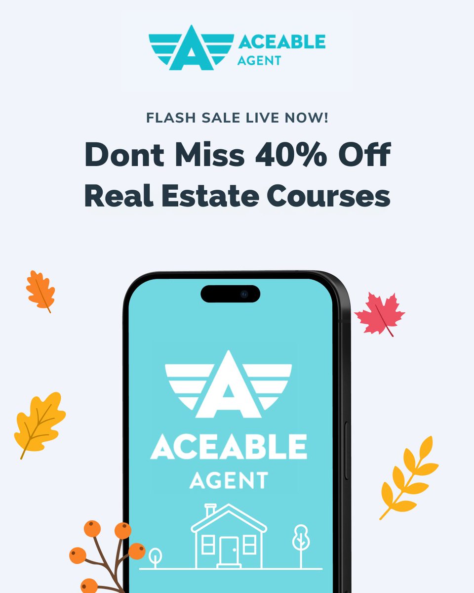 AceableAgent's tweet photo. It's the best time to get licensed as a Real Estate Agent with the start of fall and our FLASH SALE ‼️

Get it before it's gone at the link in the bio! https://t.co/Yet7v0DerU