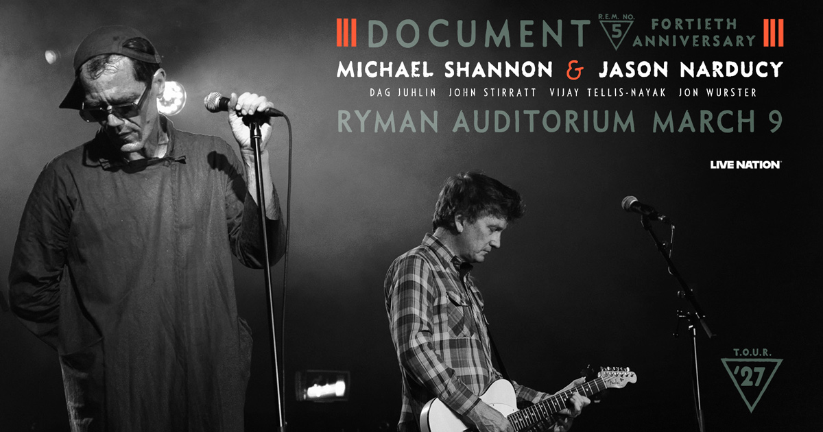 theryman's tweet photo. 📣 JUST ANNOUNCED! Michael Shannon &amp; Jason Narducy and Friends Play R.E.M.'s Document at the Ryman on March 9.

Tickets on sale Friday at 10 AM!
🎫: https://t.co/BuZXbJu1no https://t.co/mNdLXUrAXY