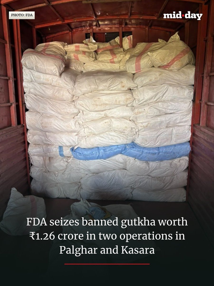mid_day's tweet photo. On Monday, September 28, the FDA seized banned gutkha, pan masala and scented tobacco worth Rs 85.64 lakh from two trucks in Palghar and Kasara.

The two Eicher trucks, valued at Rs 41 lakh, were also seized, taking the total property to Rs 1.26 crore. Cases were registered. https://t.co/cfzrAj7qht