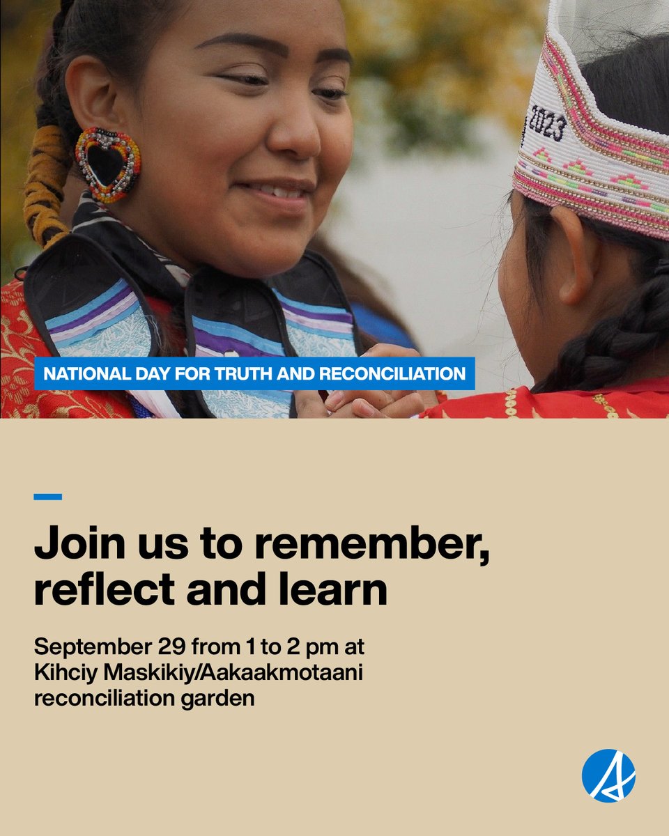 YourAlberta's tweet photo. Join us today, September 29, from 1-2 pm at the Kihciy Maskikiy/Aakaakmotaani reconciliation garden on the Legislature grounds in Edmonton for a commemoration ceremony marking the National Day for Truth and Reconciliation.

Learn more by visiting: https://t.co/XN1bzceiq7 https://t.co/APotJs1pBH