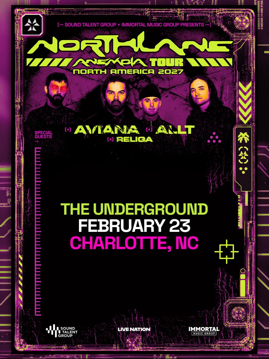 FillmoreNC's tweet photo. Just Announced! Northlane - THE ANEMOIA TOUR with Aviana, Allt and Reliqa at The Underground Charlotte on 2/23. Get your tickets Fri. 10/2 @ 10am. https://t.co/phfb6p9ukD https://t.co/8QP41VDDXO