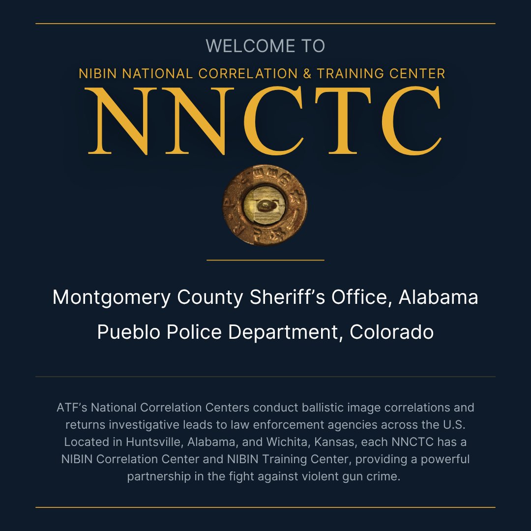 ATFHQ's tweet photo. ATF welcomes the Montgomery County Sheriff's Office, Alabama, and @PuebloPolice1 to the NIBIN National Correlation and Training Center. ATF's two NNCTCs support law enforcement by providing fast ballistics analysis and specialized training. Located in both Huntsville, Alabama, and Wichita, Kansas, each NNCTC is comprised of two parts: the NIBIN Correlation Center and the NIBIN Training Center. Learn more at https://t.co/1EORFLK70i. #CrimeGunIntel #NIBIN @ATF_Denver @ATFNashville