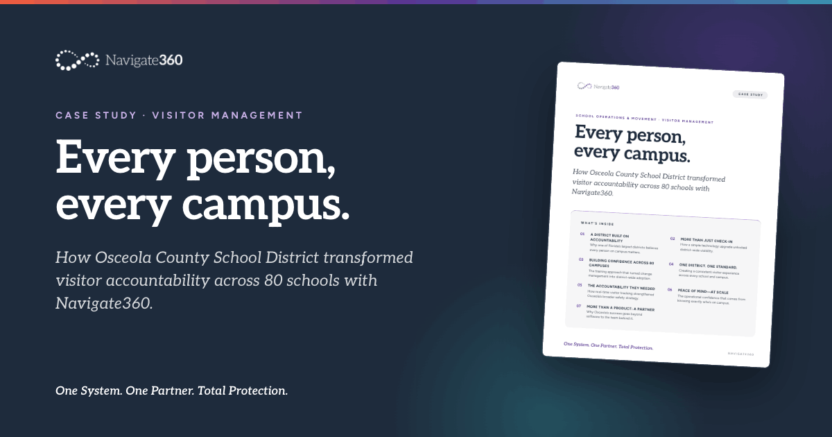 Navigate360_'s tweet photo. Every school checks visitors in. Not every district has visibility across every campus.

Learn how Osceola County School District strengthened visitor accountability across 80 schools.

📖 Read now. 
https://t.co/N6dAfgjczh

#VisitorManagement #SchoolSafety #K12 #CampusSafety https://t.co/y9CAhKirbY
