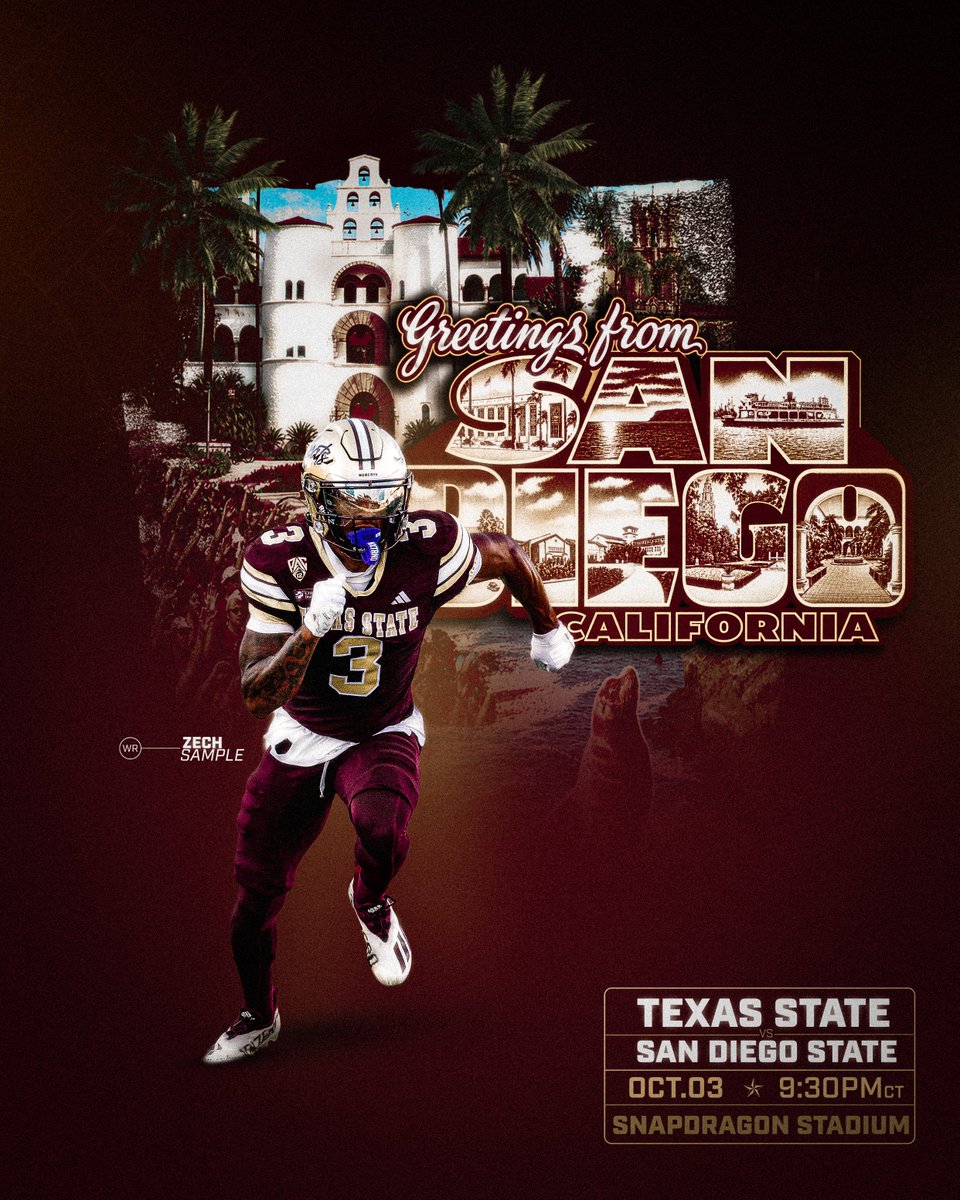 TXSTATEFOOTBALL's tweet photo. let conference play begin🏁

🆚 SAN DIEGO STATE 
🗓️ OCTOBER 3RD, 2026 
🏟️ SNAPDRAGON STADIUM
📺 CW 
📻 KTSW 89.9 / Varsity Network App

#EatEmUp https://t.co/gehhf9vKVO
