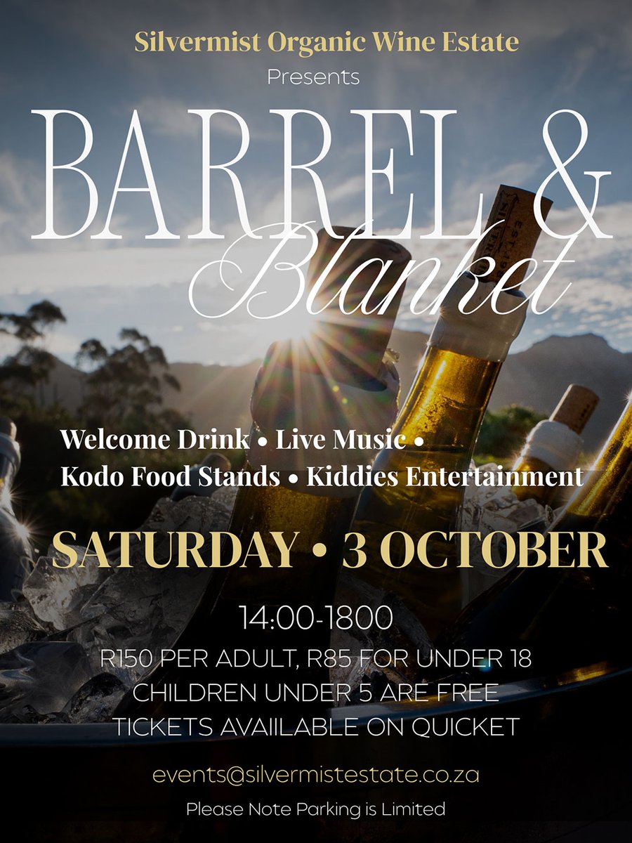 QuicketSA's tweet photo. Barrel &amp; Blanket Garden Party

Relaxed garden vibes, live music, Japanese street food &amp; kids' entertainment at Silvermist Organic Wine Estate! 

📍 Constantia Nek
🗓️ Sat, 3 Oct | 14:00–18:00

Tickets available here: https://t.co/x34IeU7rWr https://t.co/A0F5dVyFrH