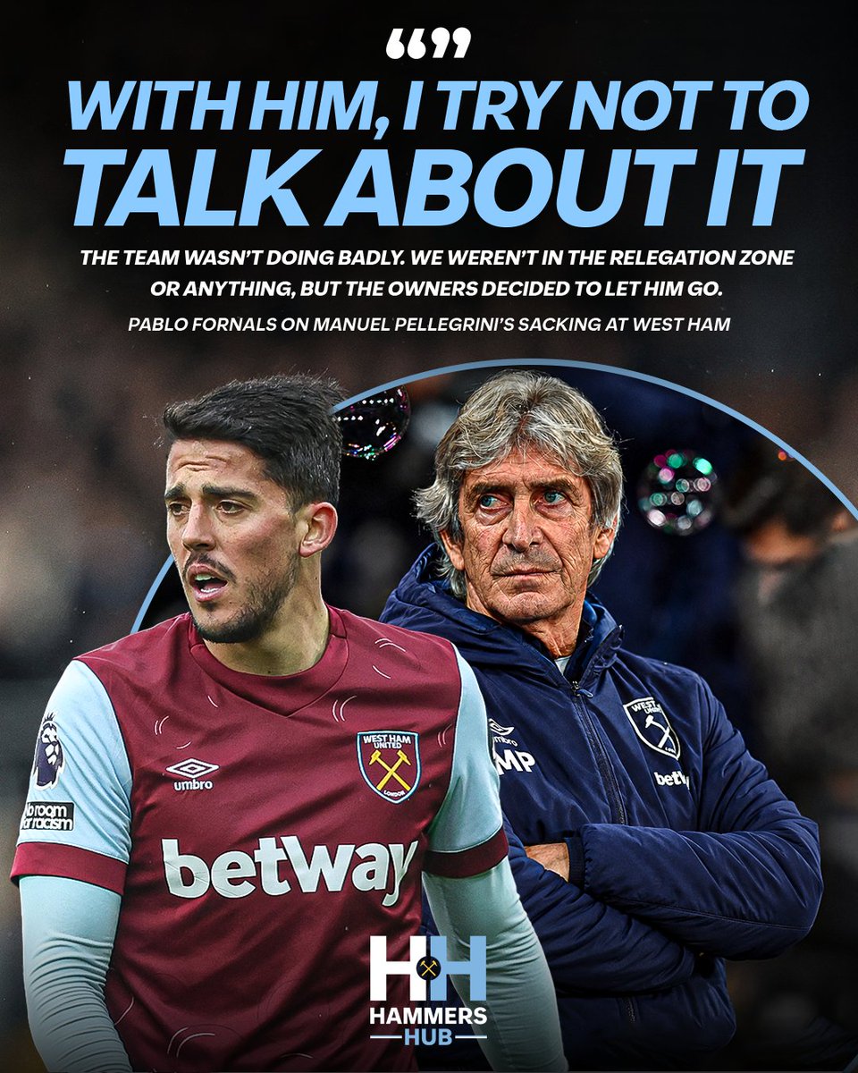 HammersHubWHUFC's tweet photo. Pablo Fornals has revealed that he and Manuel Pellegrini try not to talk about the Chilean’s sacking at West Ham, despite the pair being reunited at Real Betis. 

Despite their close relationship, Fornals says that is the one subject they avoid. https://t.co/Wjp27ZcAAQ
