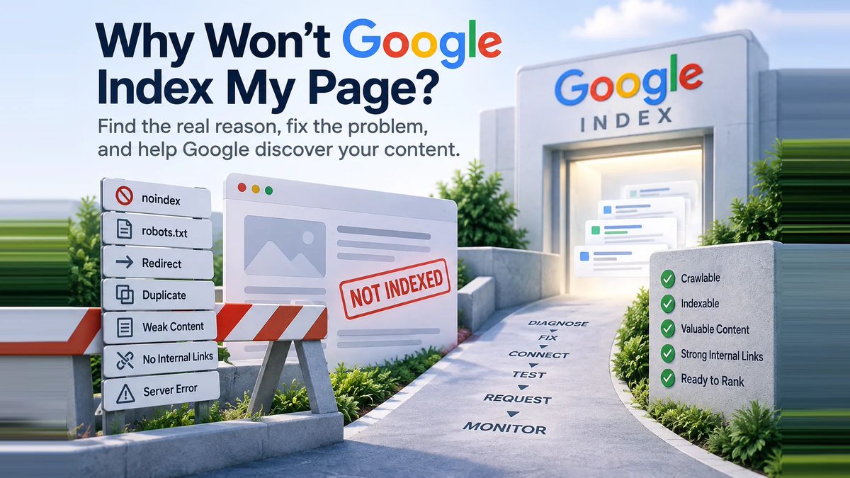 mydevopsguy's tweet photo. Why won’t Google index your page?

One of the first reactions I see is to open Google Search Console and hit Request Indexing again.

But Request Indexing is not a force-index button.

If Google is excluding a page, I want to know why. Is it blocked by noindex? Is robots.txt involved? Did Google select another canonical? Is the page an orphan with no useful internal links? Has Google crawled it but decided not to index it yet?

My process is:

Diagnose → Fix → Connect → Test → Request → Monitor

The new Released Solutions article walks through common indexing statuses, internal linking, orphan pages, sitemaps, URL Inspection, and what to do before asking Google to crawl the page again.

It also covers an important distinction: getting indexed does not mean you will rank.

Read the article: https://t.co/3DhoWrAPPP

Have you ever had an important page sit in “Crawled - currently not indexed” and wondered what to do next?

#GoogleSearchConsole #SEO #AEO #TechnicalSEO #SmallBusiness #DigitalMarketing
