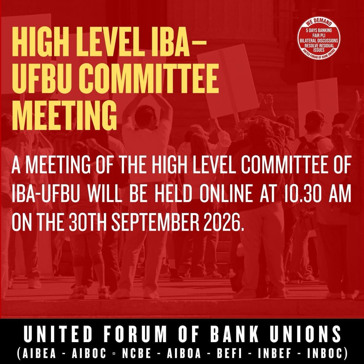 AIBEAofficial's tweet photo. High Level IBA- UFBU Committee Meeting tomorrow 
#UFBU https://t.co/b5ijC2yFxf