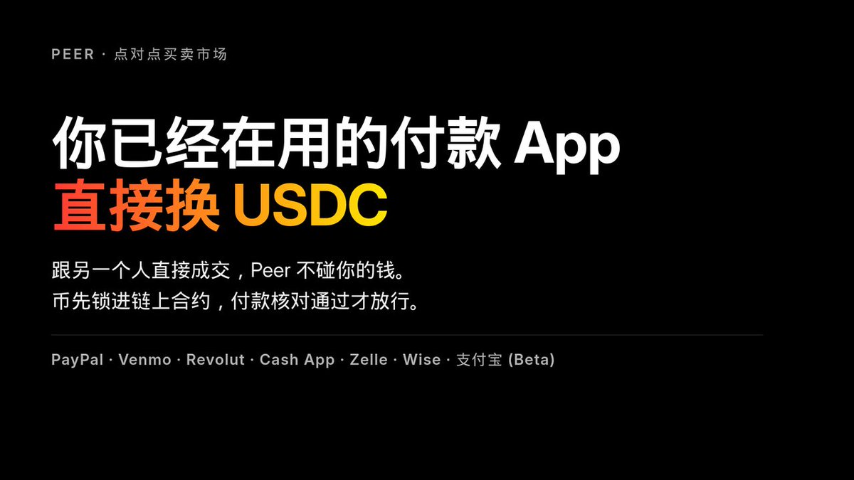 Peer_zh's tweet photo. https://t.co/UzX8D8U70P = Peer（原 ZKP2P），一个开放的点对点（P2P）市场，把日常支付 App 和链上资产直接对接。

现阶段大家用得最多的是出入金：用 PayPal / Venmo / Revolut / Cash App / Zelle / Wise 跟别人直接买卖 USDC，币在链上智能合约里托管。

付款靠 zkTLS / TEE 证明「确实发生过」，买家不需要 KYC 或身份验证——只暴露金额、收款人、时间。

非托管、无需许可，主要部署在 Base 链上。协议不写死用途：任何法币 ↔ 任何链上资产。

也支持支付宝（Beta），目前报价还少——想在上面收人民币的卖家，欢迎来供货。