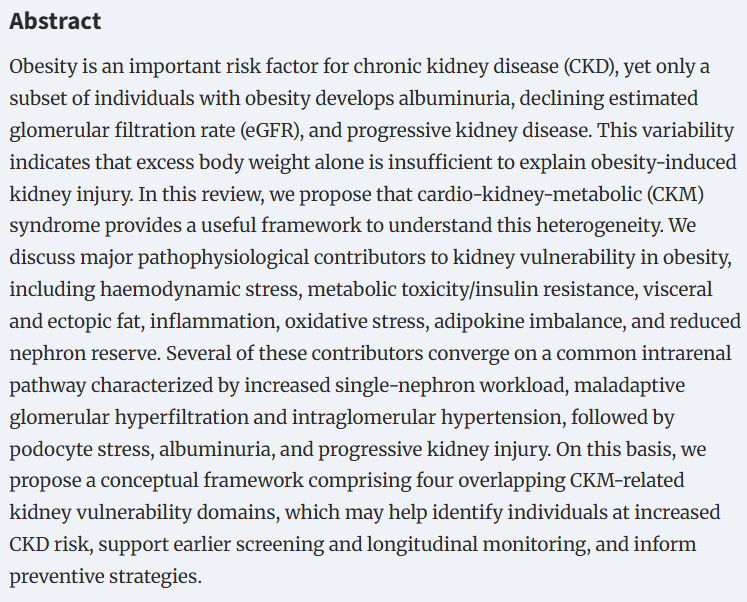 NDTsocial's tweet photo. Obesity and chronic kidney disease: a cardio-kidney-metabolic framework for renal vulnerability and risk stratification

https://t.co/jEONQUKI7T https://t.co/rwN8Z0rHdM